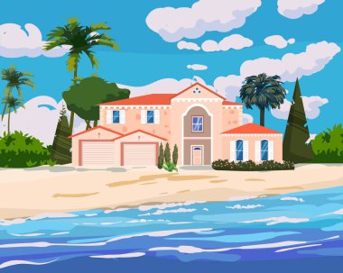 Tropikal egzotik ada kıyısında bir villa. Modern lüks kulübe, okyanus, sahil, palmiyeler ve bitkiler, yaz mevsimi manzara seachore. Vektör illüstrasyonu