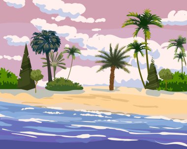 Plaj tropik adası, palmiyeler ve bitkiler. Kıyıdaki egzotik okyanus, tatil köyü yaz manzarası. Vektör illüstrasyonu