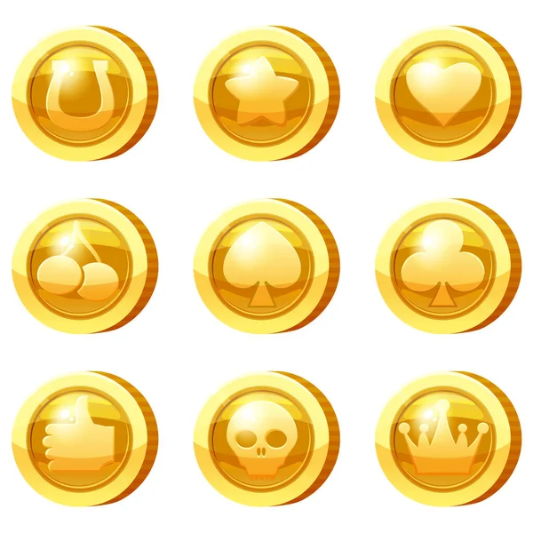 Sada zlatých mincí pro herní aplikace. Zlaté ikony hvězda, srdce, karetní obleky, koruna, třešeň, symboly hry UI, hraní hazardních her. Vektorová ilustrace — Stockový vektor