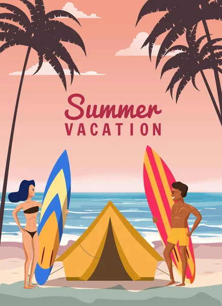 Surfers met planken en een strandtent ontspannen aan de kust. Zomervakantie, man en vrouw reizen naar exotische resorts, palmbomen, eiland, tropisch. Vector, illustratie, stripstijl, poster — Stockvector