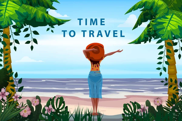 海滨度假胜地的妇女戴着红帽子，要求休息。旅行的时间热带棕榈奇异的植物，海洋，海洋。矢量说明 — 图库矢量图片