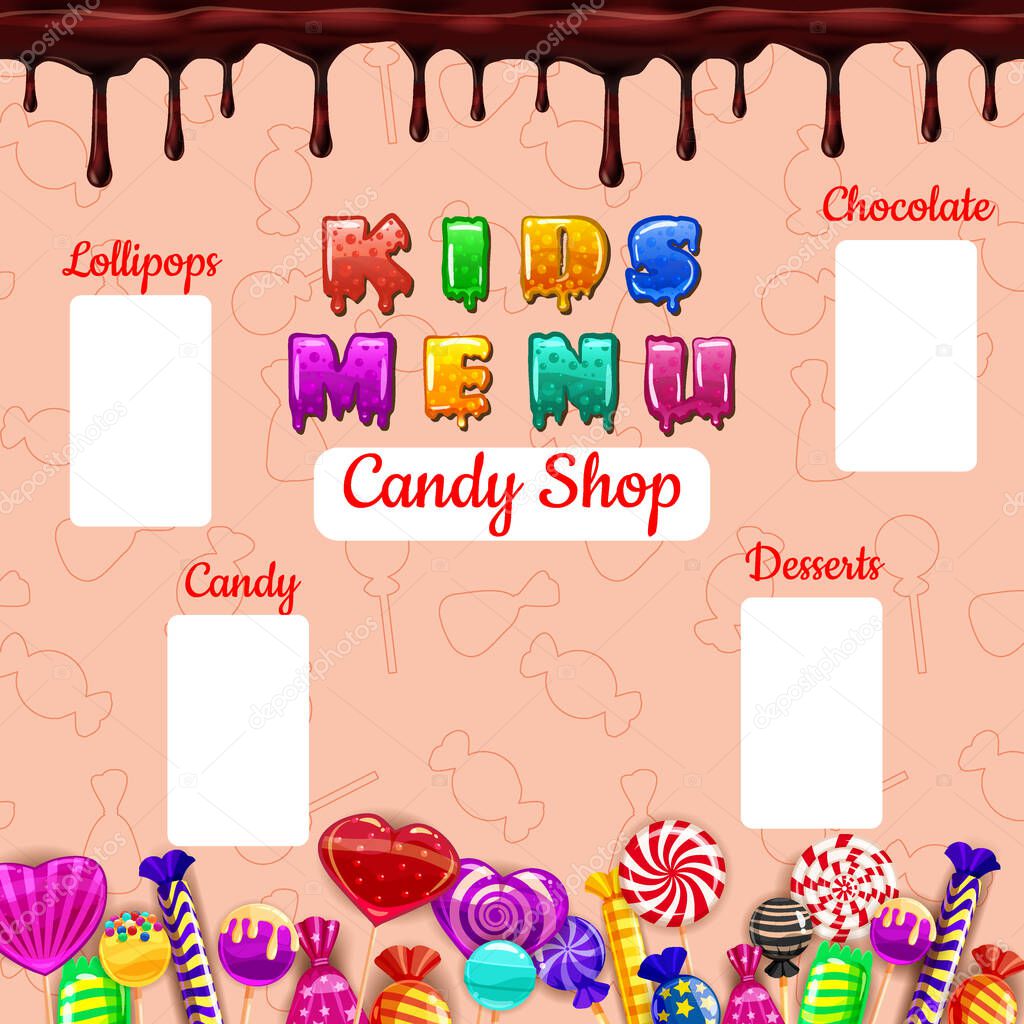 Menú para niños, Candy Shop, bombones dulces diferentes, piruletas, chocolate, jalea. Menú de