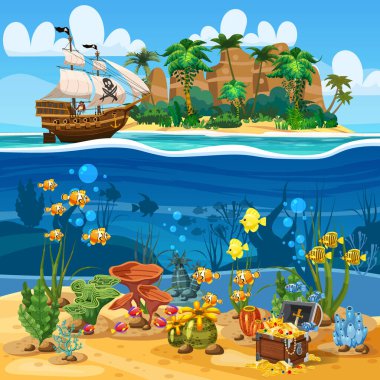 Tropikal Ada Korsan gemisi, okyanusta yelkenli altında. Su altı deniz dibi, coarl resif, balık, yosun, antik hazine sandığı. Deniz manzarası sahili, tropikal, palmiyeler, plaj, kum, macera, oyun