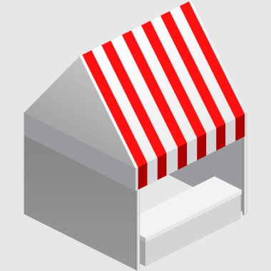 Isome market tezgahı, çadır. Sokak tenteleri, tezgah, panayır için beyaz kırmızı şeritler, sokak yemekleri, market, market malları. Vektör izole edildi