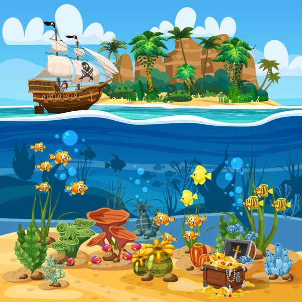 Tropical Island Pirate Schiff Marineschiff unter Segel im Ozean. Unterwassermeerboden, grobes Riff, Fische, Algen, uraltes Schatzkästchen. Meereslandschaft Küste, tropisch, Palmen, Strand, Sand, Abenteuer, Spiel — Stockvektor