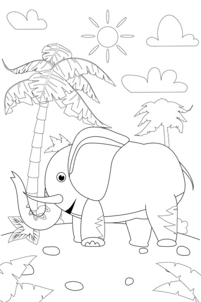 Jungle, Afrika safari dier Elephant kleurboek edicational illustratie voor kinderen. Vector wit zwart cartoon schets illustratie — Stockvector