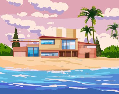 Tropikal egzotik ada kıyısında bir villa. Modern lüks kulübe, okyanus, sahil, palmiyeler ve bitkiler, yaz mevsimi manzara seachore. Vektör illüstrasyonu