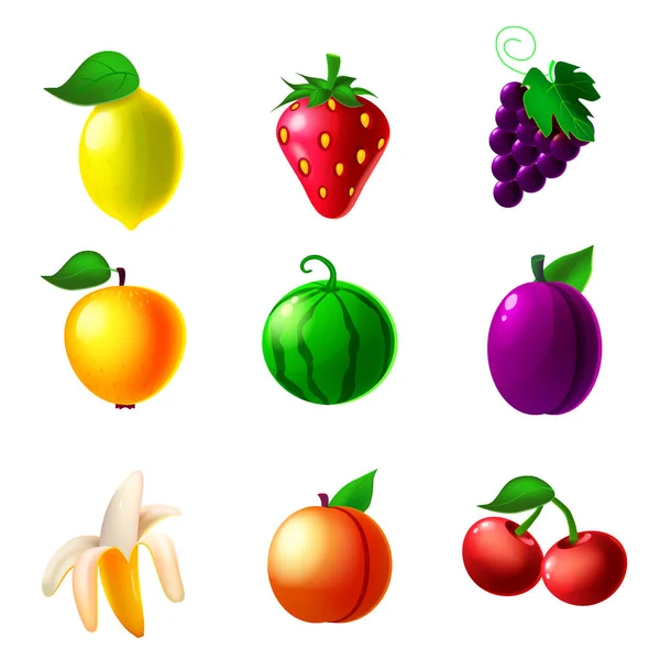 Conjunto de iconos de tragaperras de frutas, limón, fresa, uvas, manzana, sandía, ciruela, plátano, melocotón, cereza. Símbolo de colección clásico para juegos de azar, aplicación móvil. Ilustración vectorial estilo de dibujos animados — Vector de stock