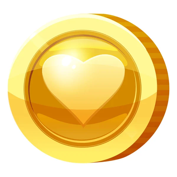 Gold Medal Coin Heart symbol. Golden token for games, user interface asset element. Vector illustration — Stock Vector