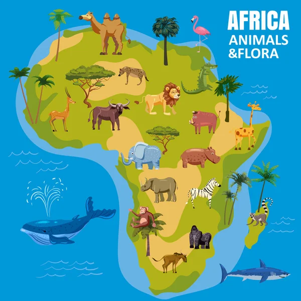Afrika állatvilág térkép kontinens. Állítsa trópusi állatok növény vad szavannah dzsungel fauna. Vektor rajzfilm stílusú illusztráció — Stock Vector