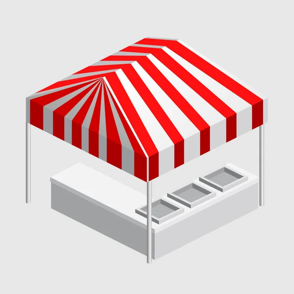Isometrischer Marktstand, Zelt. Markise, Kiosk, Theke, weiß-rote Fäden für Messe, Streetfood, Markt, Lebensmittel. Vektor isoliert — Stockvektor