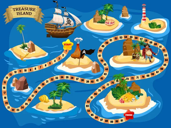 Treasure Island Pirate Board Game Map, Ocean Route. Cestovní dobrodružství pirátská námořní loď, hromada zlatý poklad, pro děti. Vektorová ilustrace — Stockový vektor