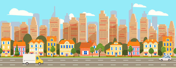 City landscape seamless horizontal illustration. Cityscape skyscrappers, suburban houses, downtown. Vector cartoon style