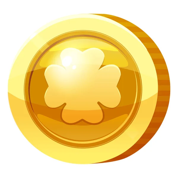 Goldmedaille Coin Clover Leaf Symbol. Golden Token für Spiele, Benutzeroberfläche Asset-Element. Vektorillustration — Stockvektor