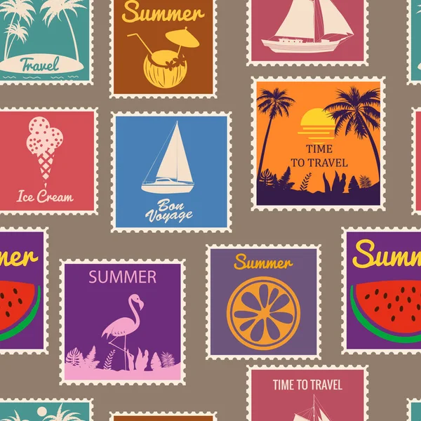 Selos postais sem costura padrão férias de verão. Sinais de fundo retro viagem passeio exótico. Vector ilustração fundo estilo vintage — Vetor de Stock