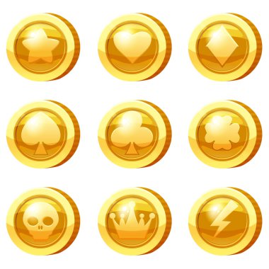 Oyun uygulamaları için bir dizi altın sikke. Altın ikonlar yıldızı, kalp, kart takımı, taç, sembol oyunu UI, kumar. Vektör illüstrasyonu