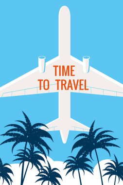 Gökyüzü avuçlarında seyahat zamanı. Klasik yaz tatili posteri, afiş. Vektör illüstrasyonu düz biçim retro