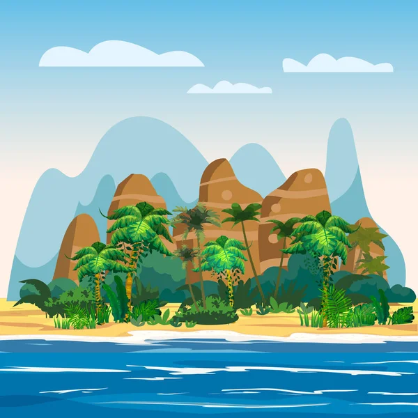 Ilha Tropical, montanhas rochosas, plantas exóticas, palmeiras, selva, mar, oceano, nuvens. Estância de férias de verão. Ilustração vetorial — Vetor de Stock