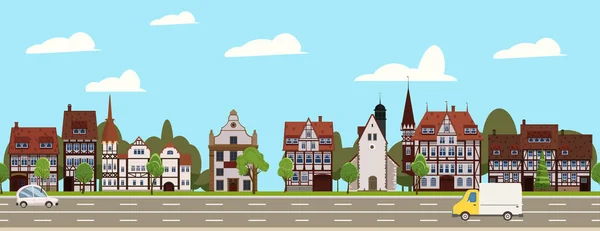 Городской пейзаж бесшовная горизонтальная иллюстрация. Исторический центр города, пригородные дома, центр города. Векторный мультфильм — стоковый вектор