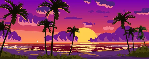 Coucher de soleil Océan Panorama paysage station tropicale. Plage au bord de la mer, soleil, exoti csilhouettes palmiers, littoral, nuages, ciel, vacances d'été. Illustration vectorielle style dessin animé — Image vectorielle