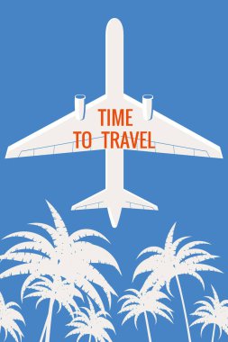 Gökyüzünde Retro poster uçağı, palmiyeler. Klasik Yaz Tatili afişi, afiş, seyahat zamanı. Vektör illüstrasyonu düz biçimi