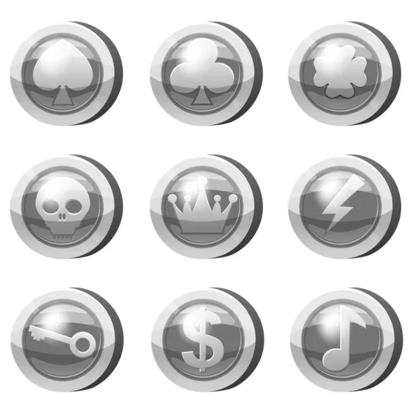 Set of Silver Coins for game apps. Grey icons, heart, crown, symbols game UI, gaming gambling. Vector illustration — Stockvektor