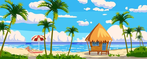 Tropical Resort hölzerne Bungalow für Erholung, Urlaub. Moderne Architektur mit exotischen Palmen, Meer, Ozean, Insel, Strandküste. Meerblick Sommerlandschaft. Vektor Illustration Cartoon-Stil — Stockvektor