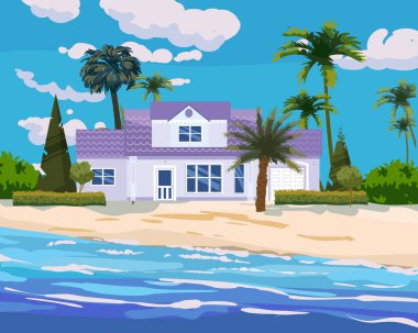 Tropik egzotik ada kıyısındaki modern kır evi. Modern villa mimarisi lüksü, okyanus, sahil, palmiyeler ve bitkiler, yaz manzarası seachore. Vektör illüstrasyonu