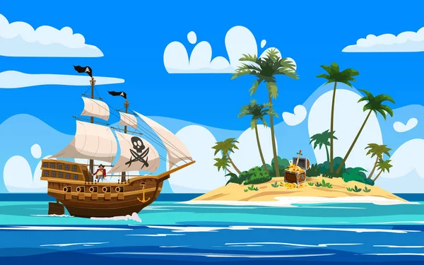 Pirate ship naval armed n ocean, Tropical Island, treasure cheast, tropical, palms. Sea landscape coast, beach, sand, adventure, game. Vector illustration — Stock Vector