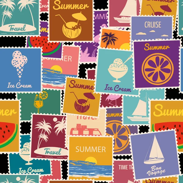 Selos postais sem costura padrão férias de verão. Sinais de fundo retro viagem passeio exótico. Vector ilustração fundo estilo vintage — Vetor de Stock