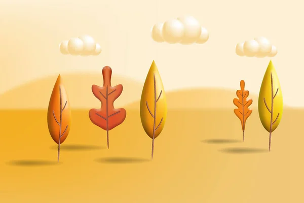 Autumn landscape trees leaves 3D yellow, red, brown, orange colors. Fall nature, clouds. Minimal 3d render plasticine, vector illustration banner, poster