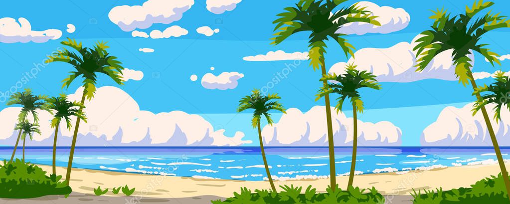 Tropical resort landscape panorama. Sea shore beach, exotic palms, coastline, clouds, sky, summer vacation. Vector illustration cartoon style