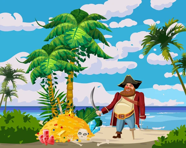 Tropický ostrov, Pirát s šavlí, zlatý poklad, tropické, palmy, květinové, rostliny. Moře krajina pobřeží, oceán, pláž, písek, dobrodružství, hra. Vektorová ilustrace — Stockový vektor