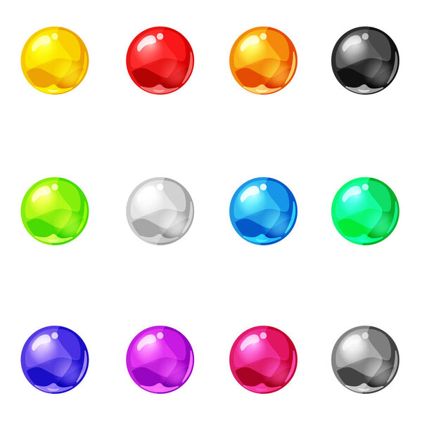 Set Balls shiny glossy colorful game asset. Magic crystal glass sphere, bubbles shot elements. Cartoon vector GUI app