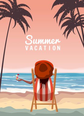 Kırmızı şapkalı kadın elinde kokteyl ile güverte koltuğunda uzanıyor, tropikal sahillerde tatil yapıyor. Egzotik deniz kıyısı kumları, palmiyeler. Vektör illüstrasyon retro vintage poster