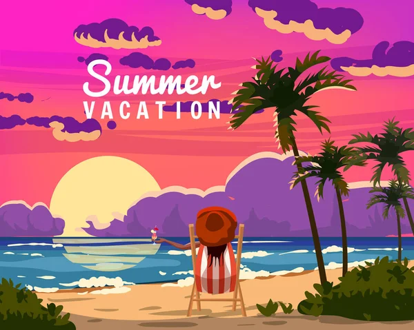 Summer Vacation Woman feküdt nyugágyon koktéllal a kezében, üdülőhely trópusi tengerparton. Egzotikus tengeri óceán naplemente parti homok, tenyér. Vektor illusztráció retro vintage poszter — Stock Vector