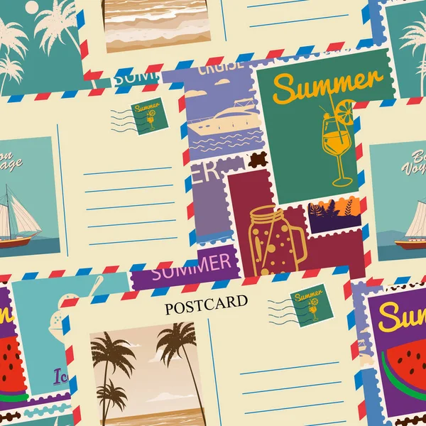Postage stamps seamless pattern Summer vacation. Retro background signs travel exotic tour. Vector illustration background vintage style — Stock Vector
