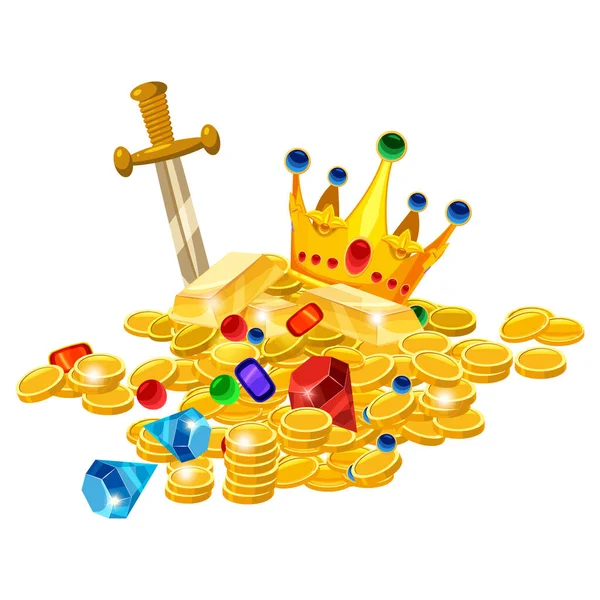 Set of treasure gold coins, crown, gems, sword, jevels, diamonds. Ancient fantasy pile gold luxury. Vector cartoon style for games apps illustration — Stock Vector
