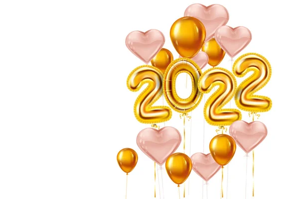 Happy New Year 2022 Gold balloons. Golden foil numerals, pink hearts balloons with, confetti, ribbons, poster, banner. Vector realistic 3D illustration — Stock Vector