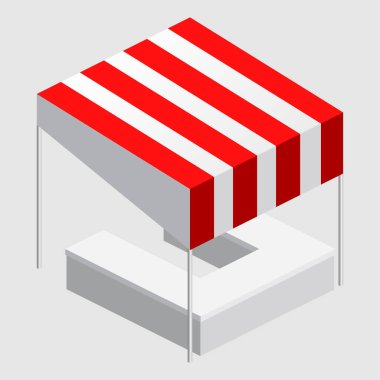 Isome market tezgahı, çadır. Sokak tenteleri, tezgah, panayır için beyaz kırmızı şeritler, sokak yemekleri, market, market malları. Vektör izole edildi