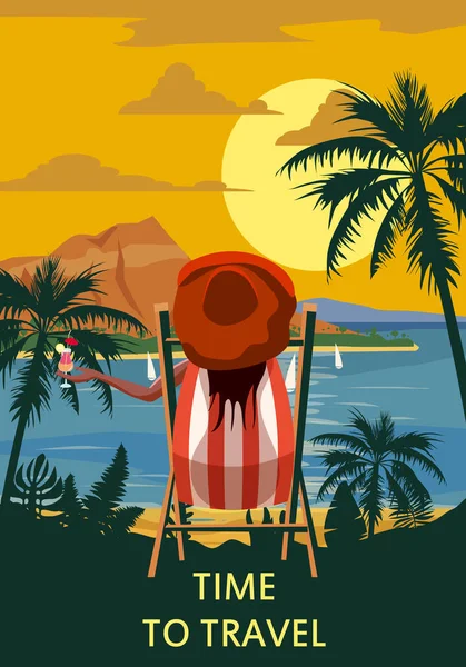 Tid att resa Kvinna som ligger på solstol med cocktail i handen, resort tropisk kust. Exotisk hav hav solnedgång strand sand, handflator. Vektor illustration retro vintage affisch — Stock vektor