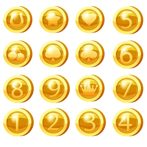 Goldene Münzen für Spiele-Apps. Goldene Symbole Stern, Herz, Zahlen Symbole Spiel UI, Glücksspiel. Vektorillustration — Stockvektor