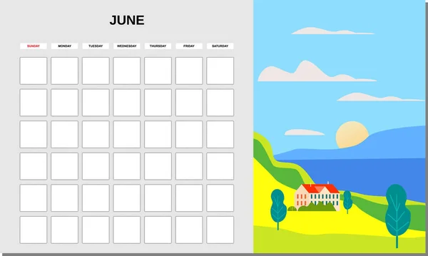 Planer kalendarza Czerwiec miesiąc. Minimalistyczny krajobraz naturalne tła Lato. Miesięczny wzór dziennika pracy. Wyizolowany wektor — Wektor stockowy