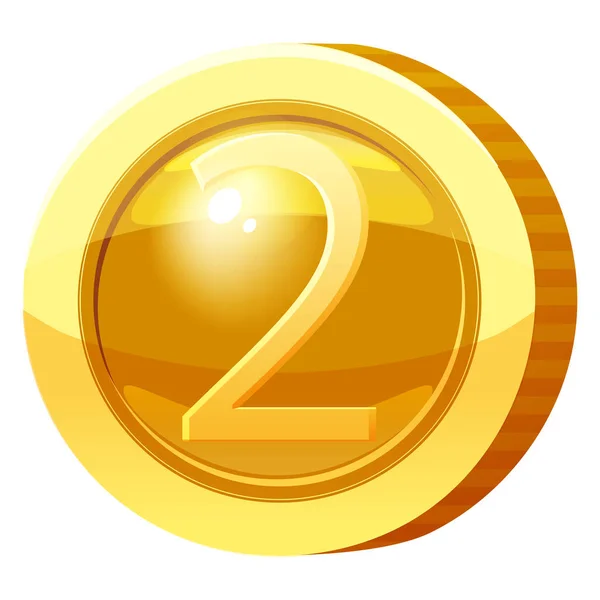 Goldmedaillen-Münze Nummer 2 Symbol. Golden Token für Spiele, Benutzeroberfläche Asset-Element. Vektorillustration — Stockvektor