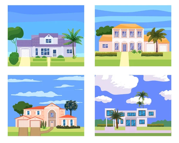 Samling Bostadshus Byggnader i landskap tropiska träd, palmer. Hus exteriör fasader front view arkitektur familj stugor hus eller herrgårdar lägenheter, villa. Förortsegendom — Stock vektor