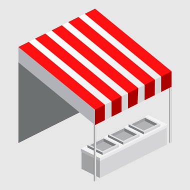 Isome market tezgahı, çadır. Sokak tenteleri, tezgah, panayır için beyaz kırmızı şeritler, sokak yemekleri, market, market malları. Vektör izole edildi