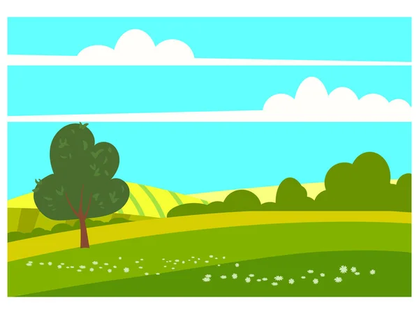 Mooi landschap op het platteland lenteboom groene heuvels velden, natuur, heldere kleur blauwe hemel. Lente, zomer landschap panorama landbouw, landbouw. Vector illustratie cartoon stijl — Stockvector