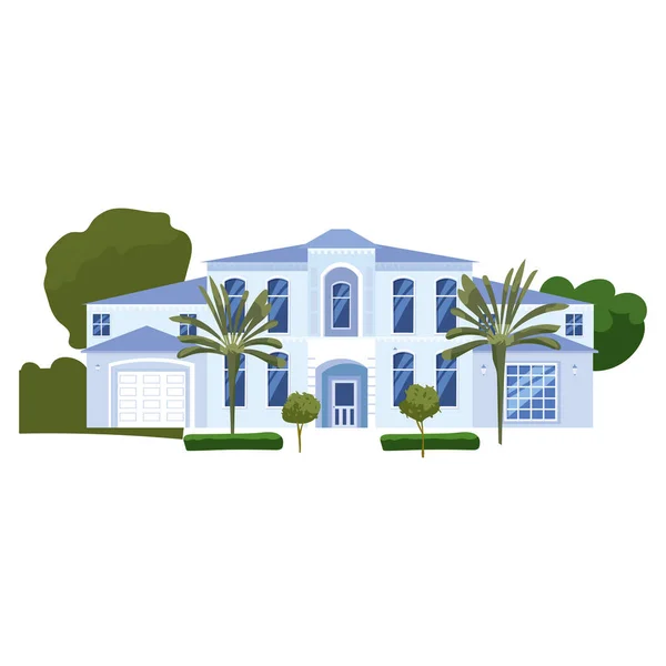 Mansion Residential Home Building, tropic trees, palms. House exterior facades front view architecture family modern contemporary cottage house or apartments, villa. Suburban property — Stock Vector