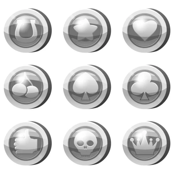 Set of Silver Coins for game apps. Silver icons star, heart, card suits, crown, cherry, symbols game UI, gaming gambling. Vector illustration — Stockvektor