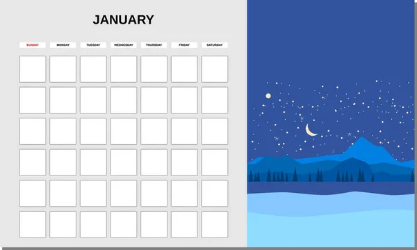 Planer kalendarza Styczeń miesiąc. Minimalistyczny krajobraz naturalne tła Zima. Miesięczny wzór dziennika pracy. Wyizolowany wektor — Wektor stockowy